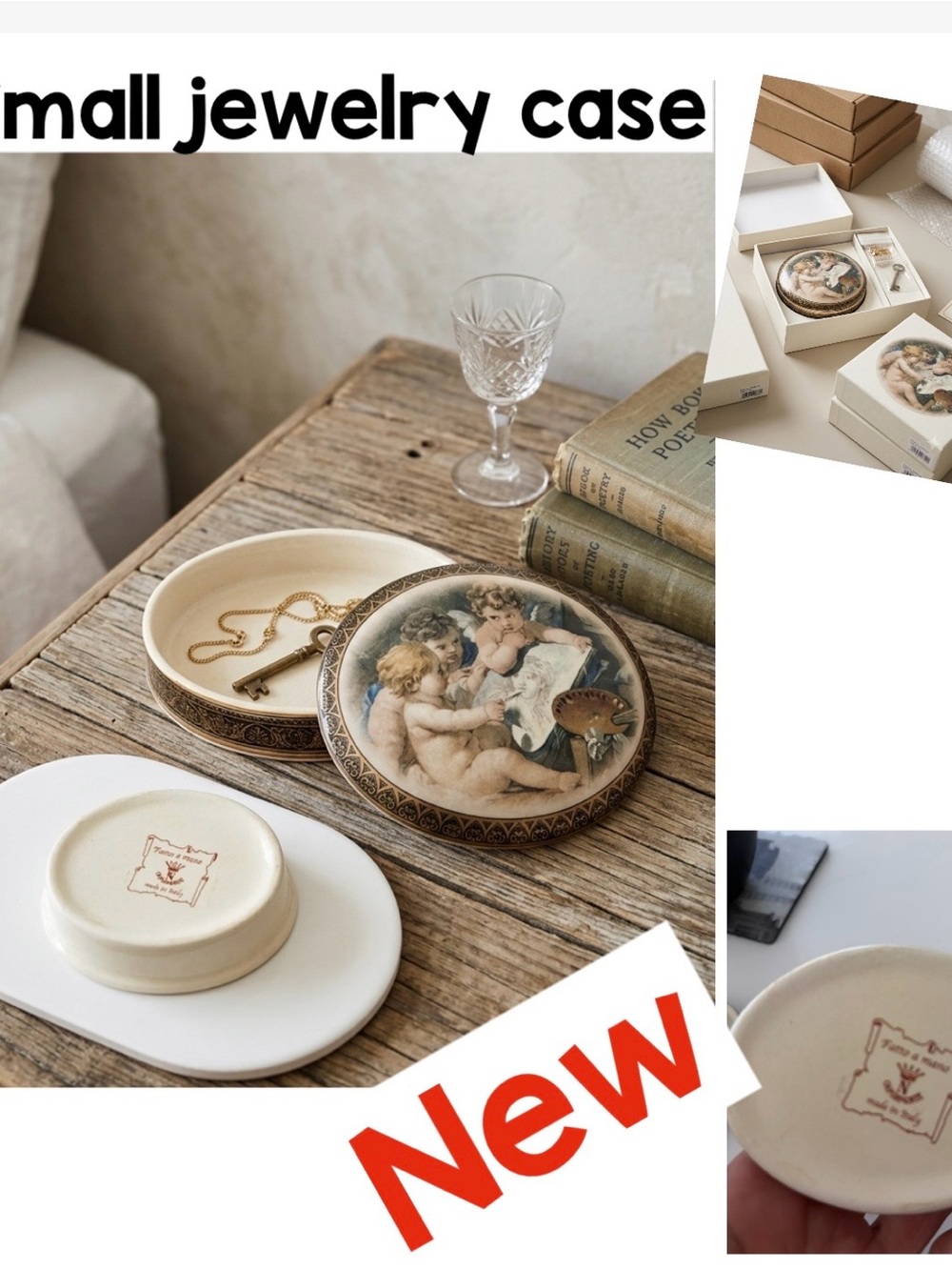 NIB Vintage Italian Cherub Ceramic Trinket Box Made in Italy Cherub Artwork -